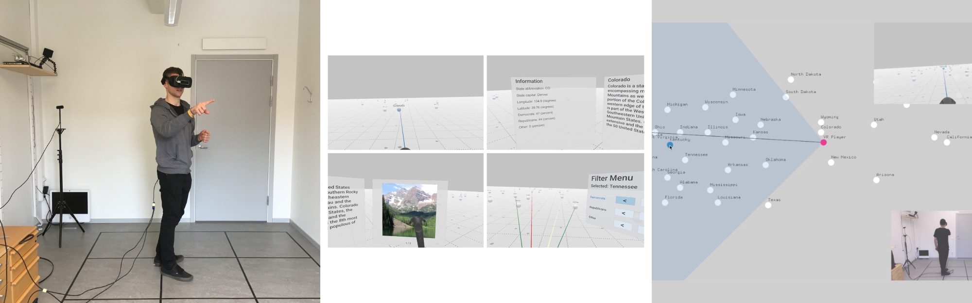 A collage of three images that visually representing the research about Open Data Exploration in Open Data Exploration in Virtual Reality (ODXVR).