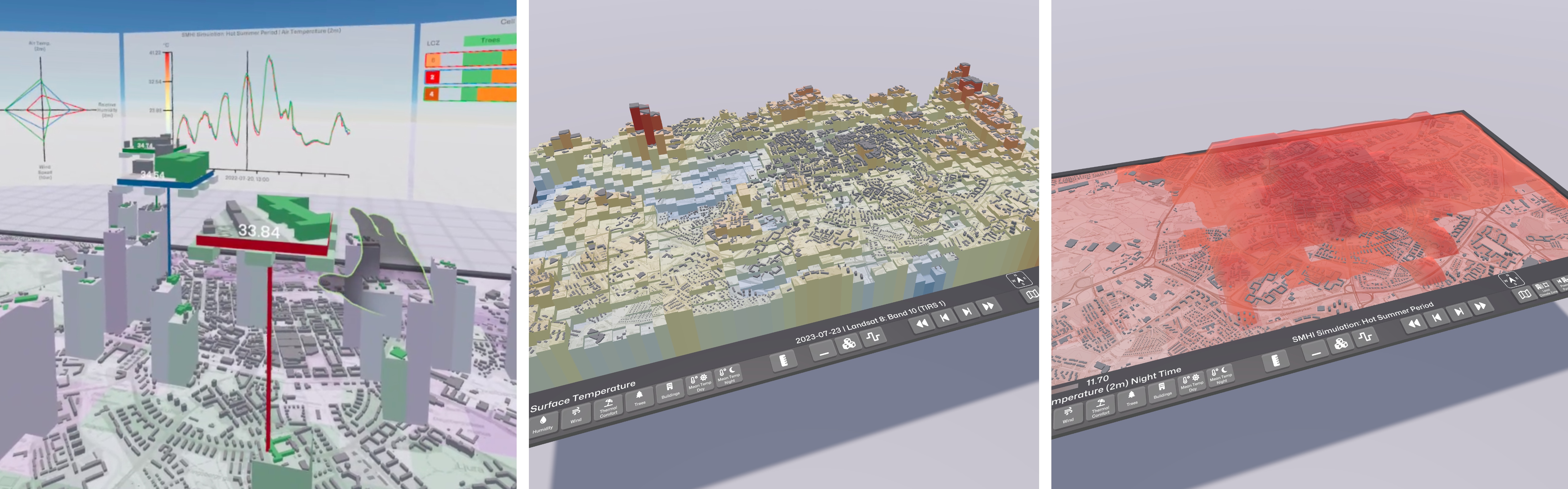 A collage of three images that visually represent the research about Immersive Analytics for Urban Heat.