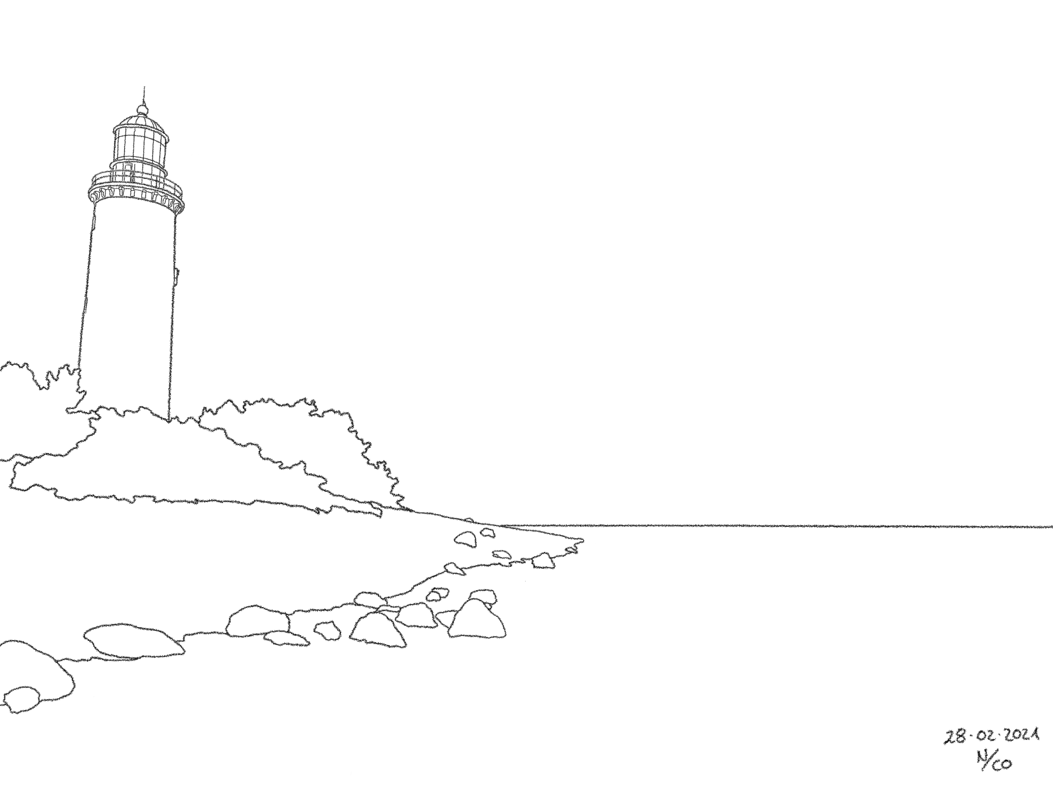 A drawing titled Beacon, based on a photo taken at Fårö fyr on Fårö as part of Gotland.