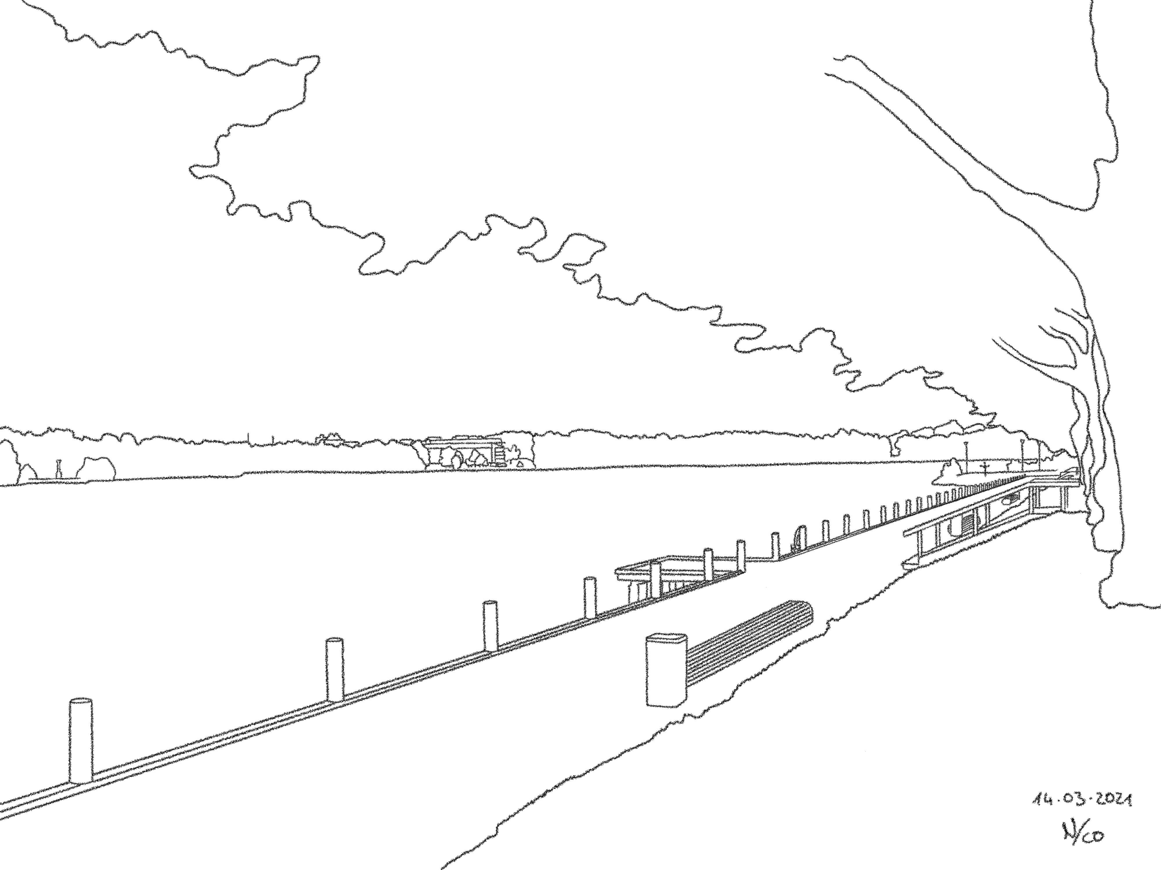 A drawing titled Boardwalk, based on a photo taken at the lake Växjösjön in Växjö.