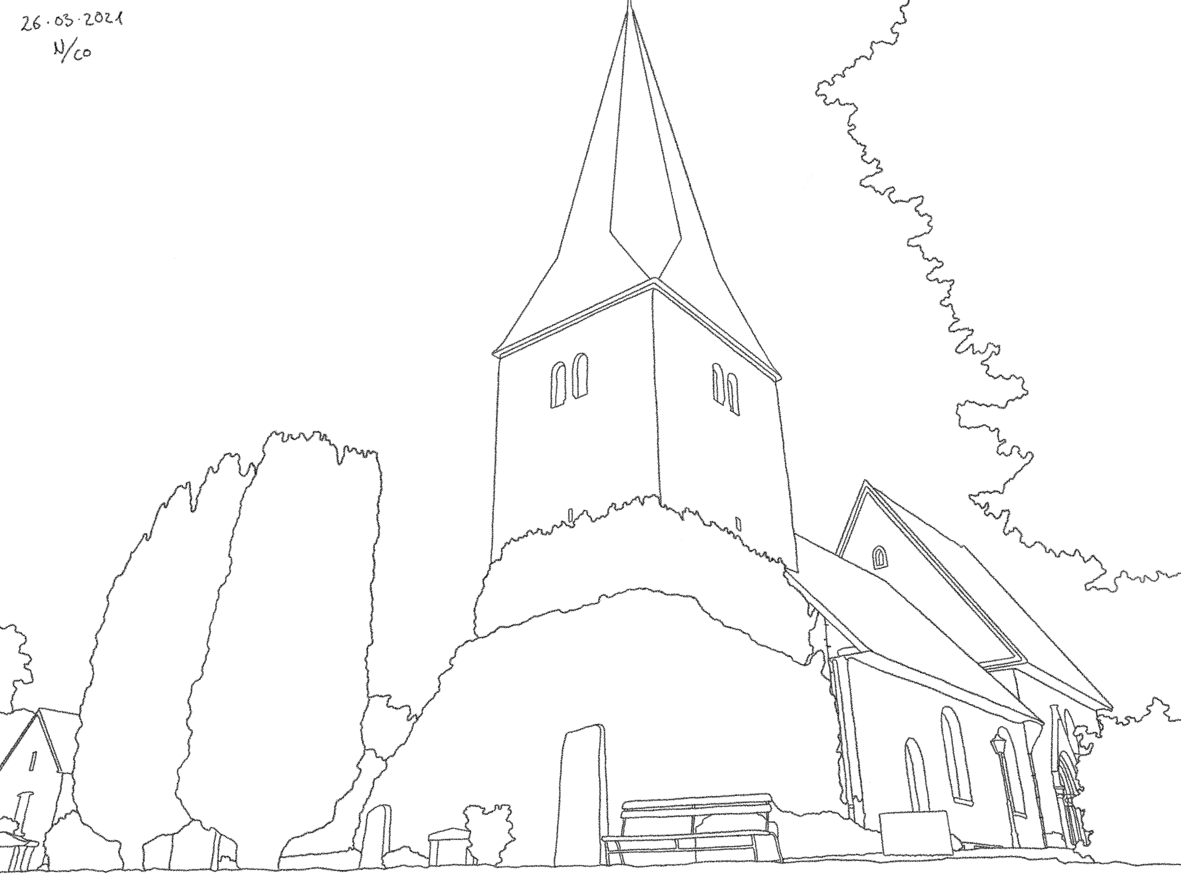 A drawing titled The Old Church, based on a photo taken at Fröjels kyrka on Gotland.