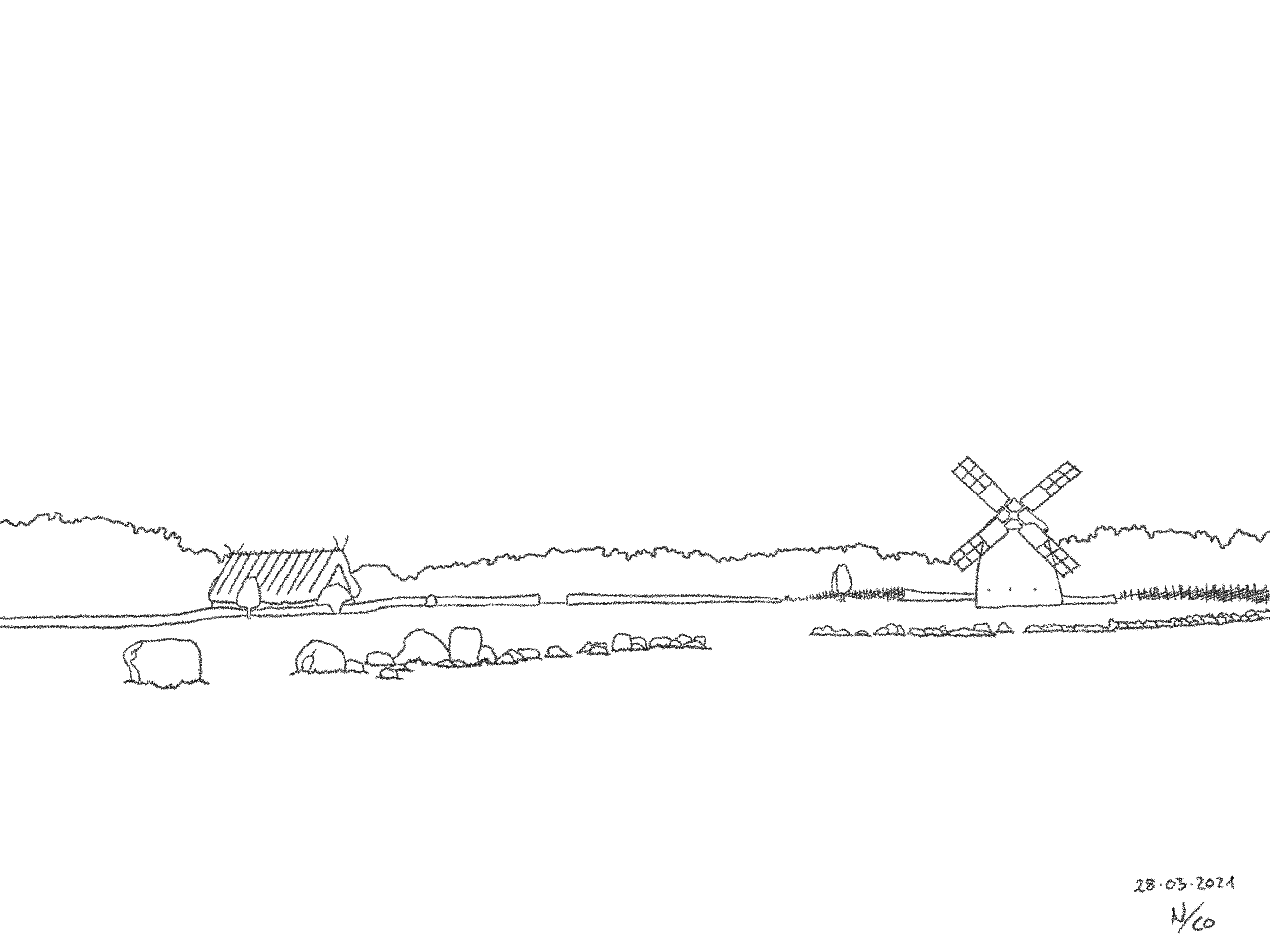 A drawing titled The Windmill, based on a photo taken on Fårö as part of Gotland.