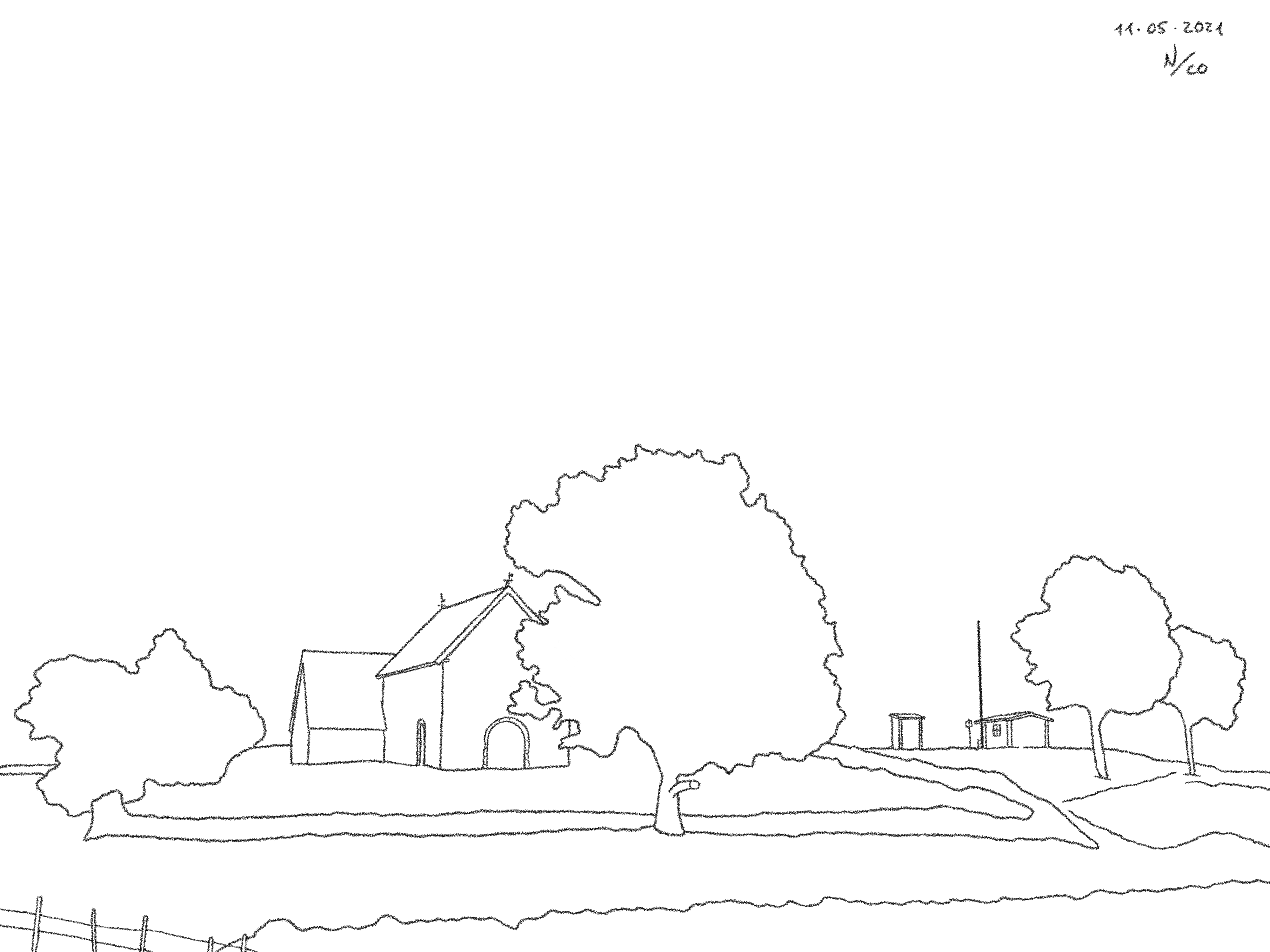 A drawing titled Church Hill, based on a photo taken at Hemmesjö gamla kyrka in Växjö kommun.