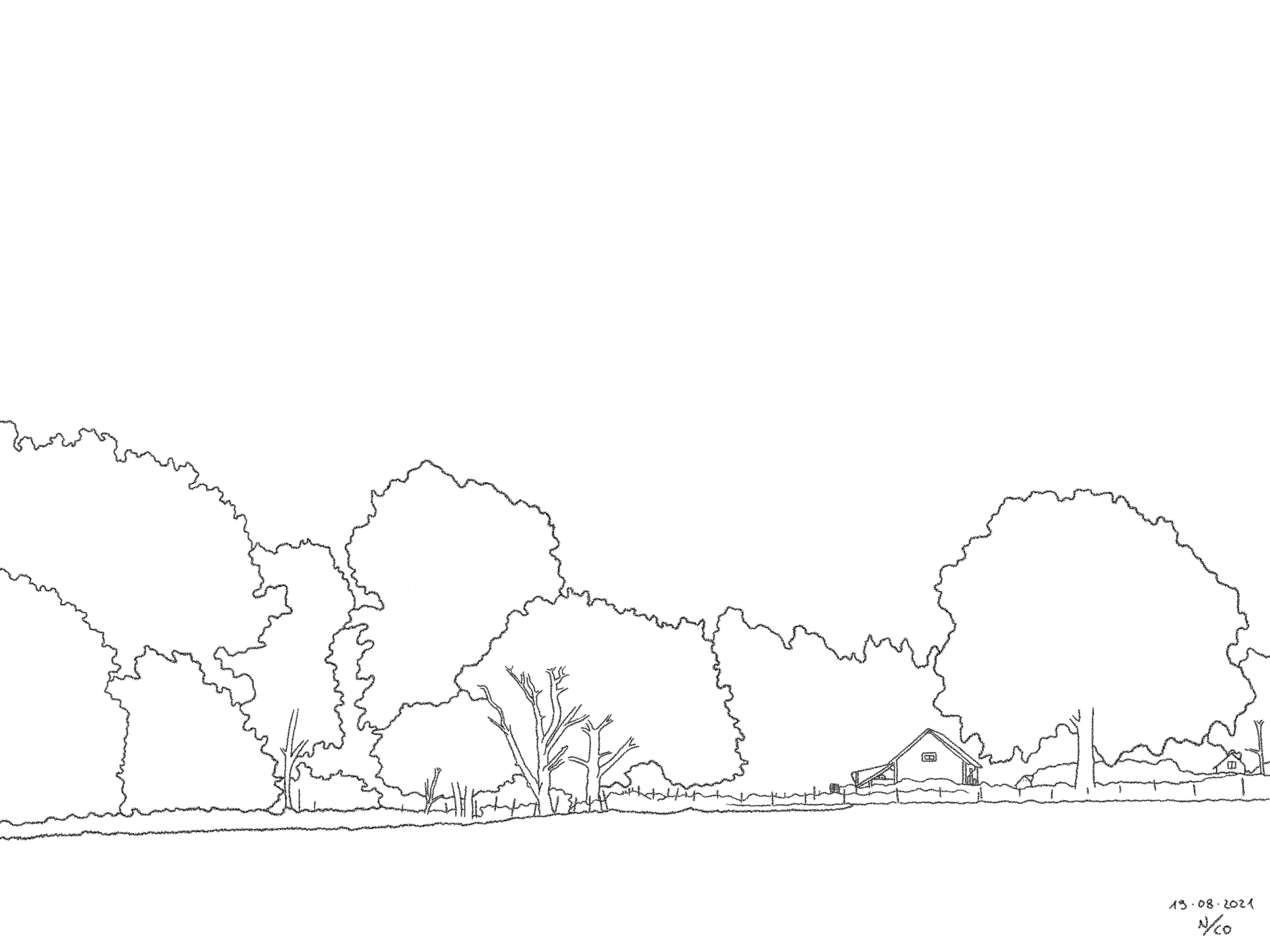 A drawing titled Countryside Part 2, based on a photo taken in Hemmesjö in Växjö kommun.