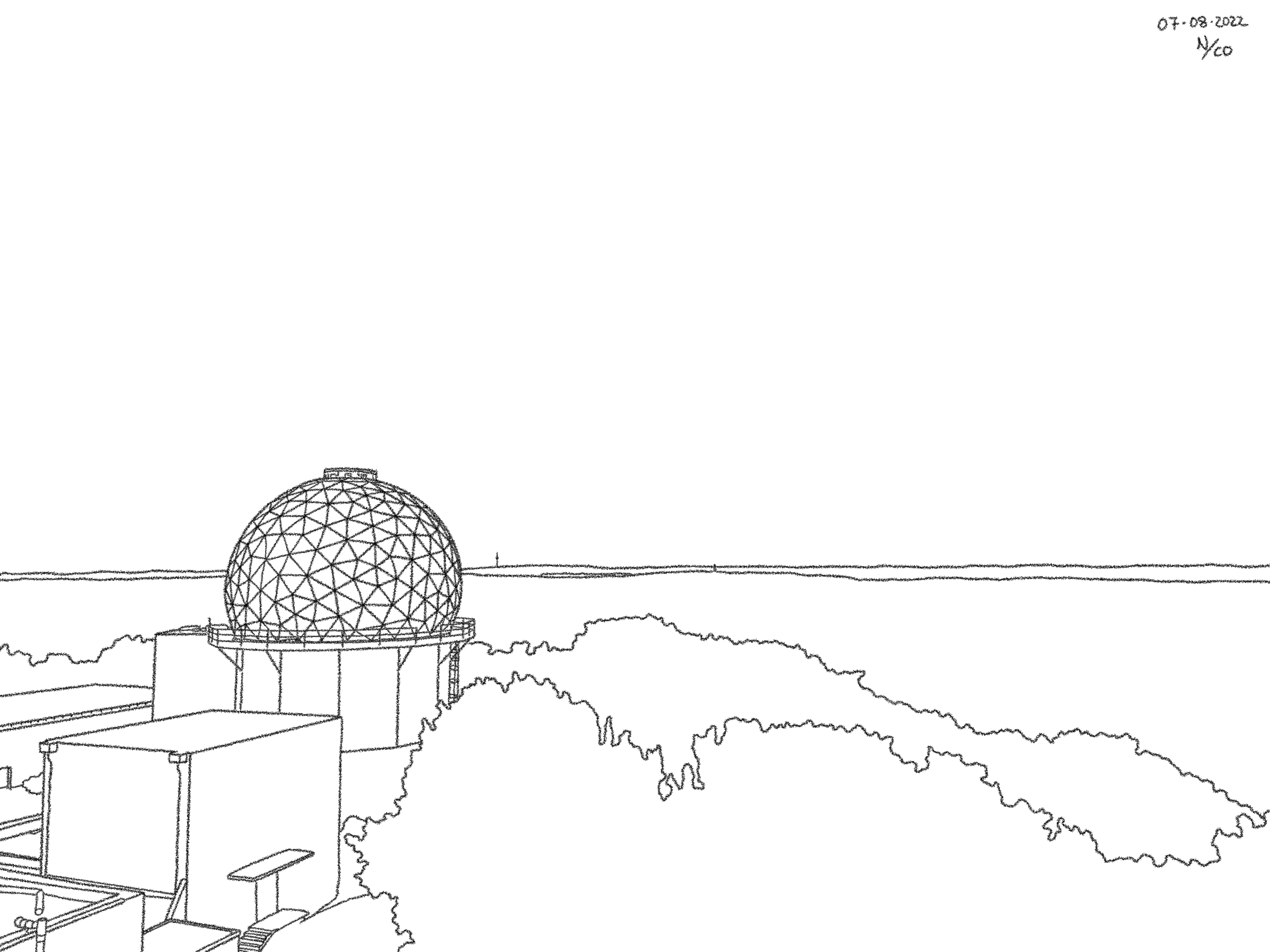 A drawing titled The Listening Station, based on a photo taken at Teufelsberg in Berlin.