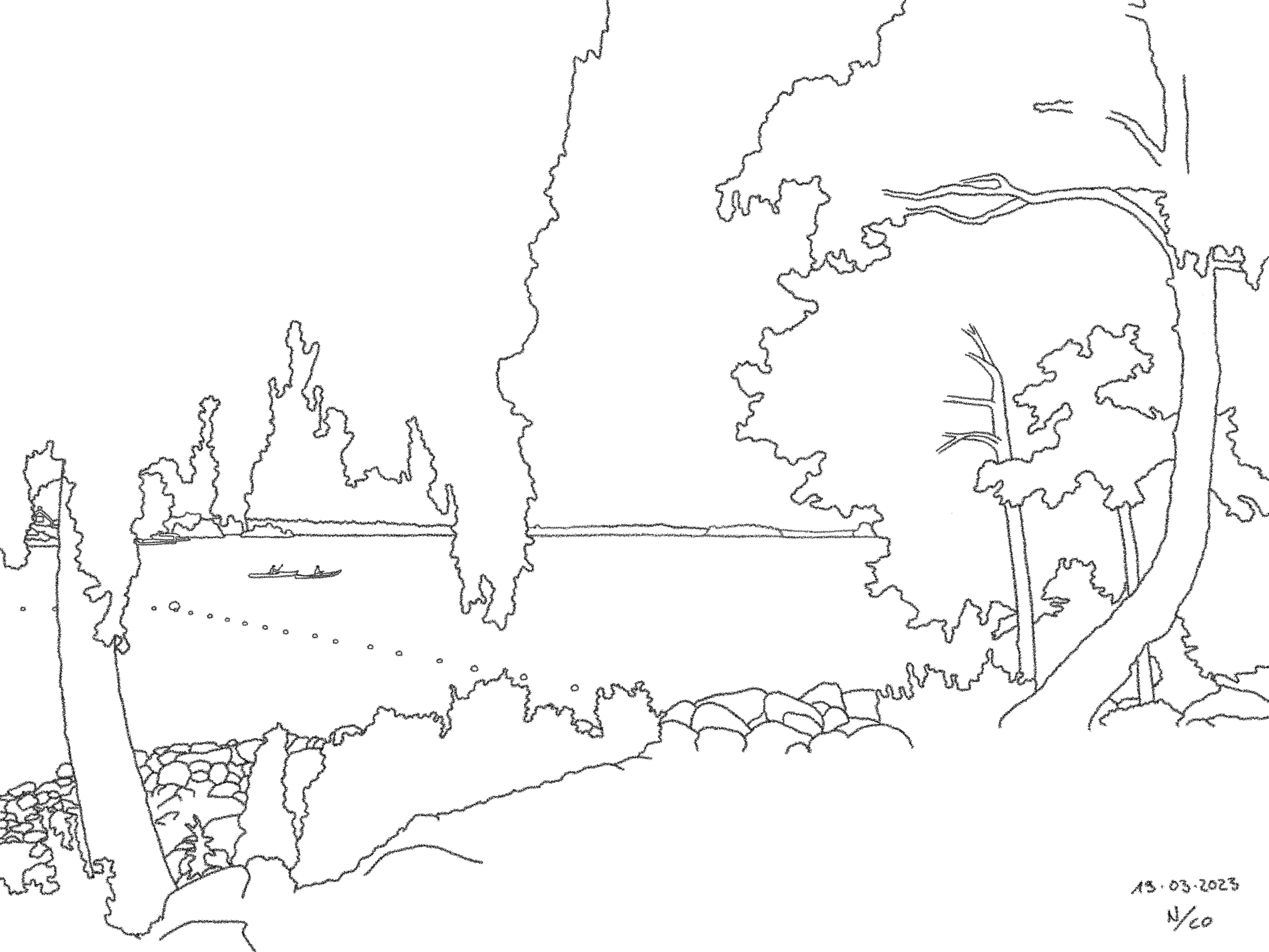 A drawing titled Crossing The Lake, based on a photo taken at the lake Helgasjön in Växjö.