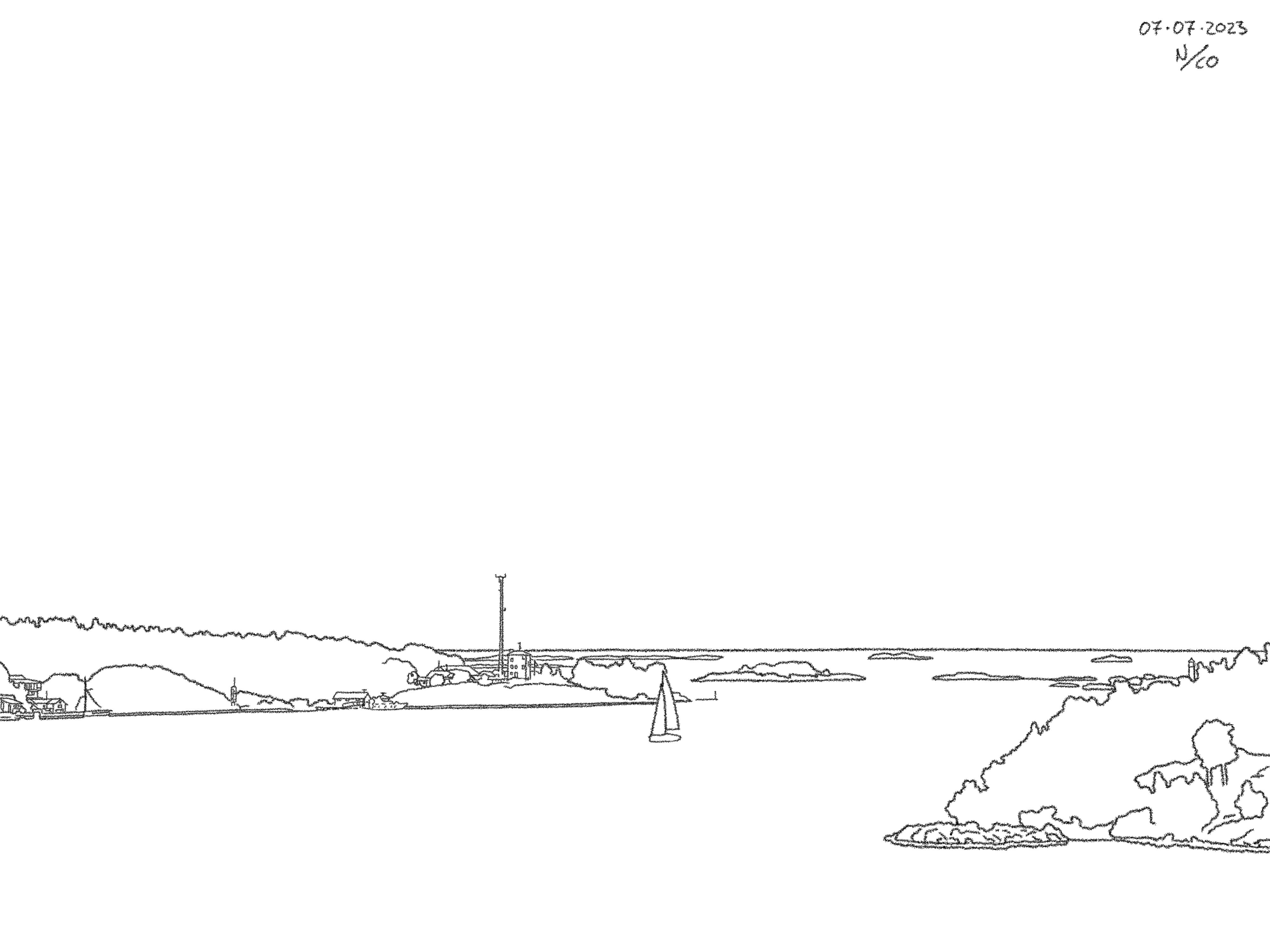 A drawing titled Sailing Home, based on a photo taken at the coast of Arkösund.